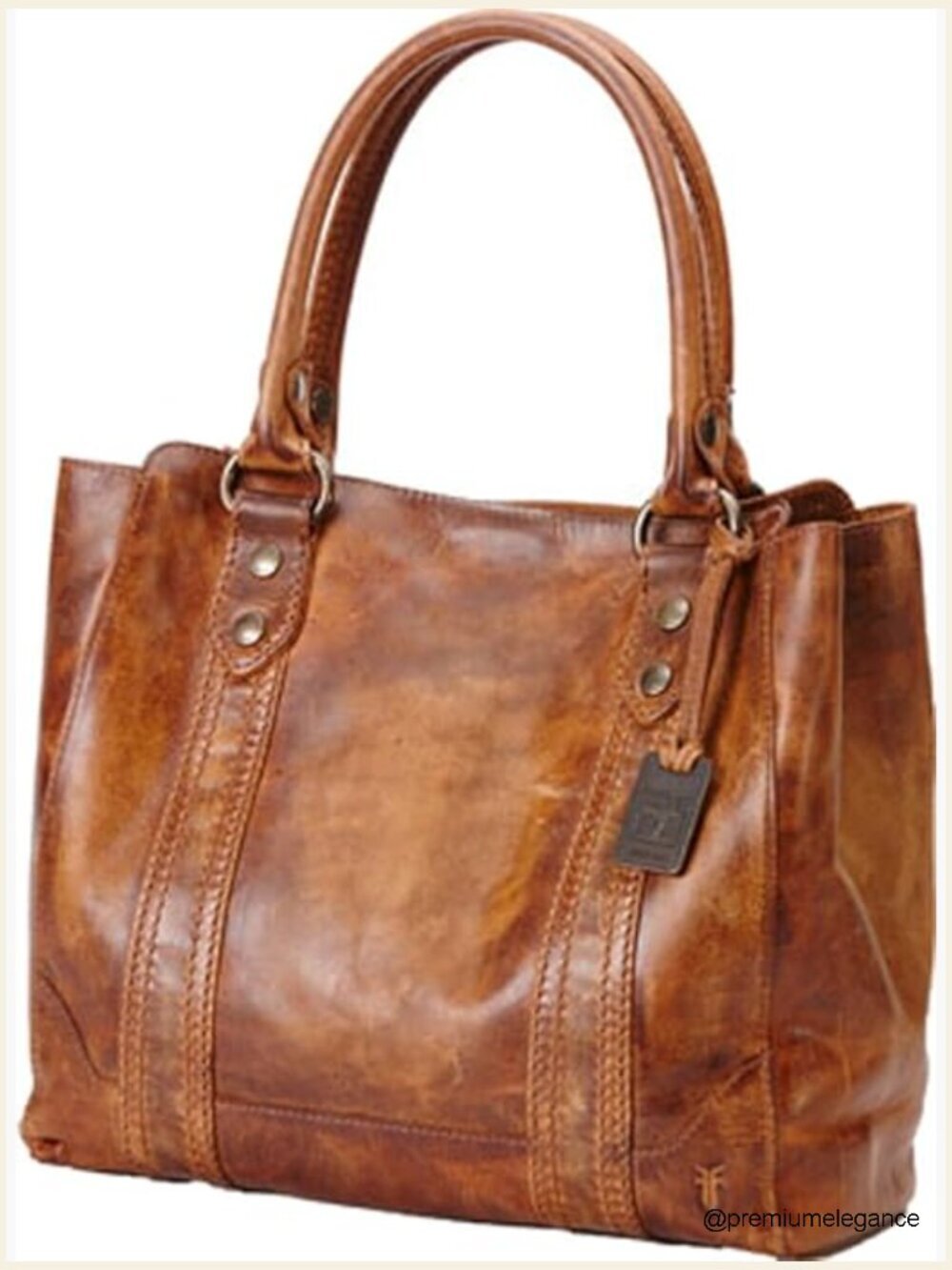 Vintage Distressed Leather Three-Compartment Tote with Fob